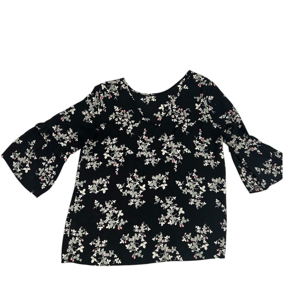 Black Karleigh Medium Blouse with Green White Pink Flower Detail.